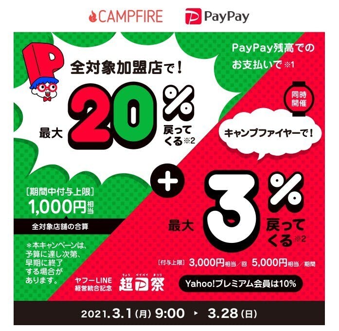 号外！】☆今がチャンス ！campFIREとPayPayのマル得企画です。 - CAMPFIRE (キャンプファイヤー)