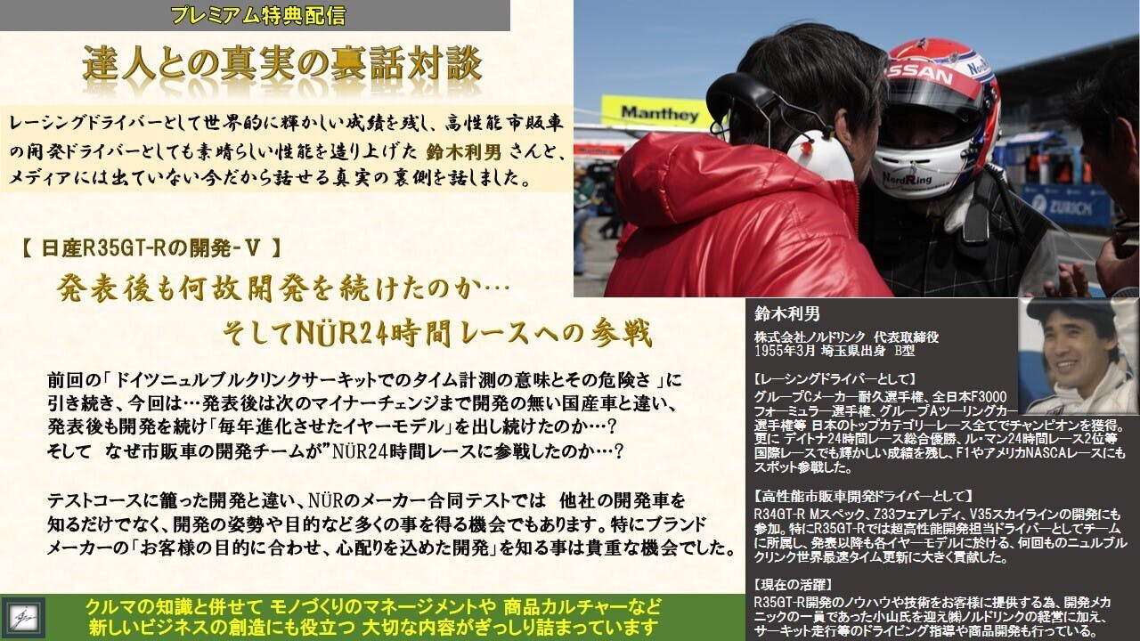 コミュニティ特典映像 達人との真実の裏話対談 鈴木利男さんとの裏話対談 日産r35gt Rの開発 発 Campfireコミュニティ