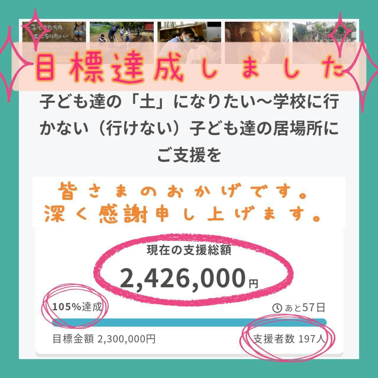 目標230万円到達、200名さまを超えるご支援！心からありがとうござい