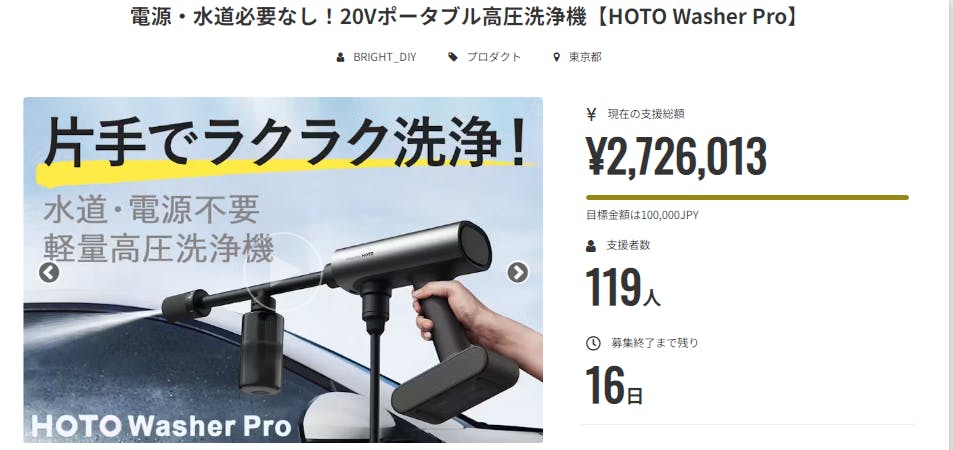電源・水道必要なし！20Vポータブル高圧洗浄機【HOTO Washer Pro】