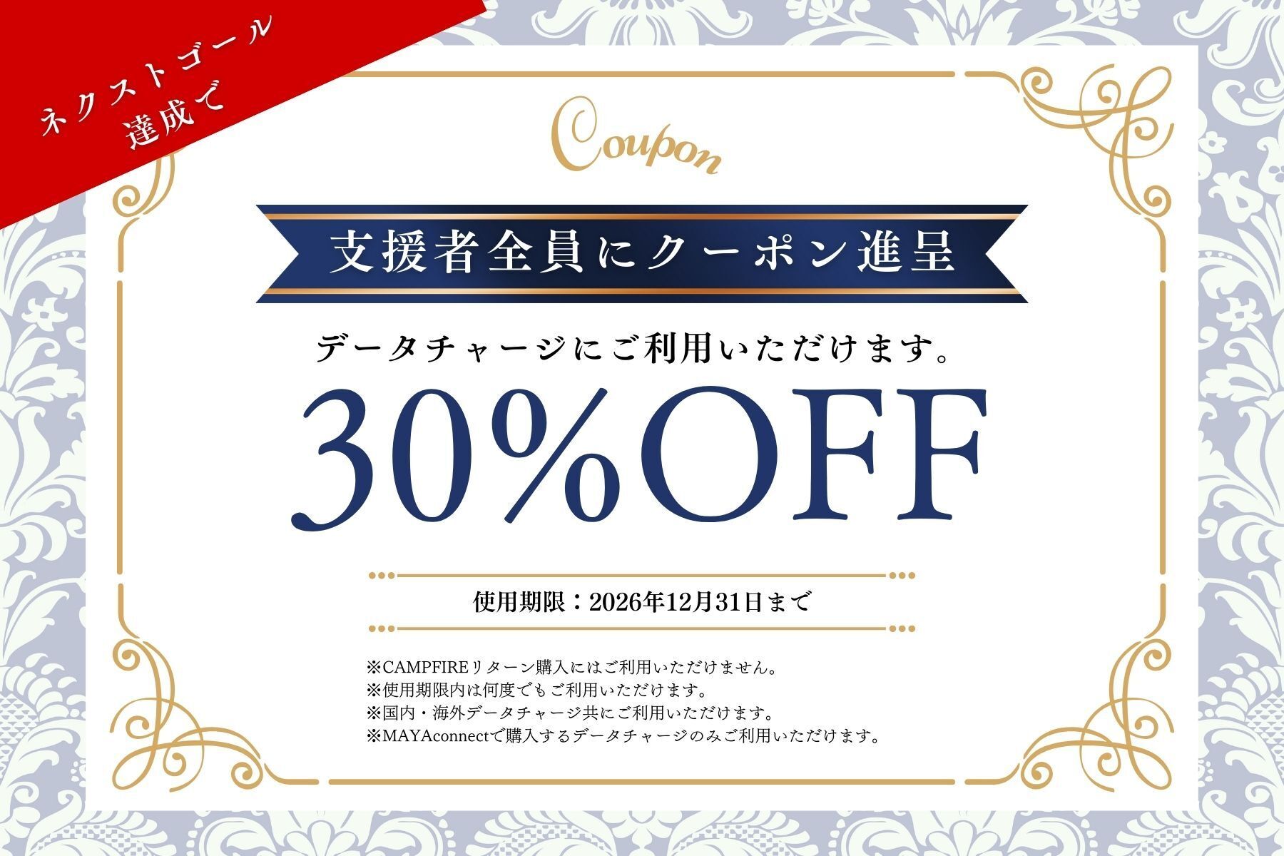 目標支援金額225％達成!! ネクストゴール達成でギガチャージ30％OFF