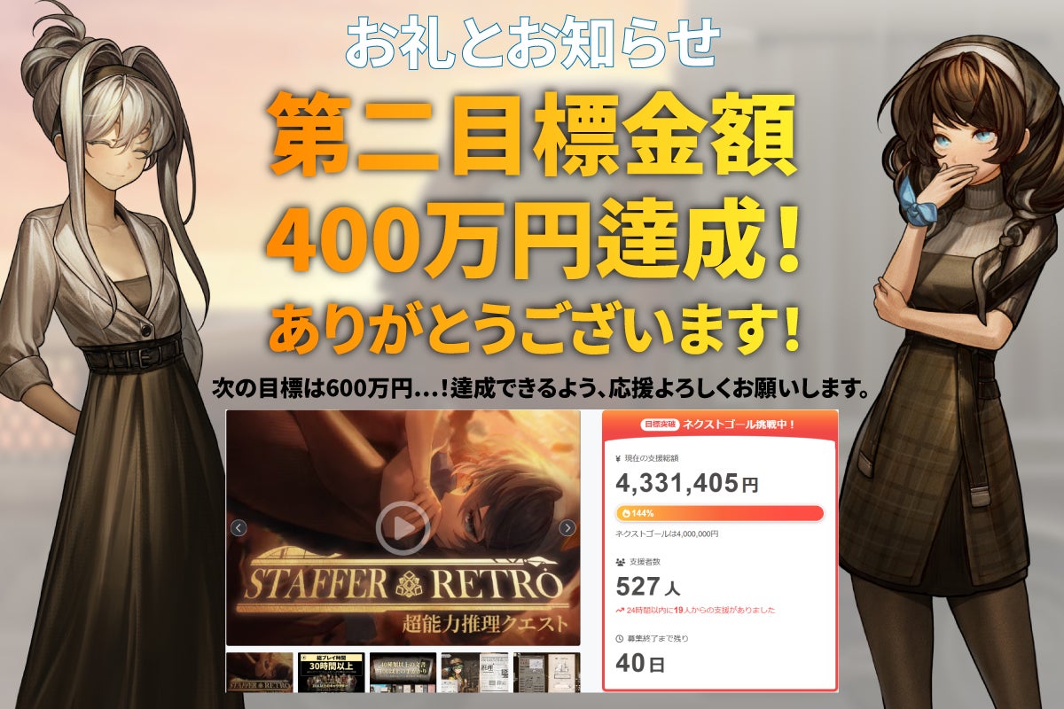 お知らせ】第2目標金額400万円達成！次の目標600万円まで応援よろしく