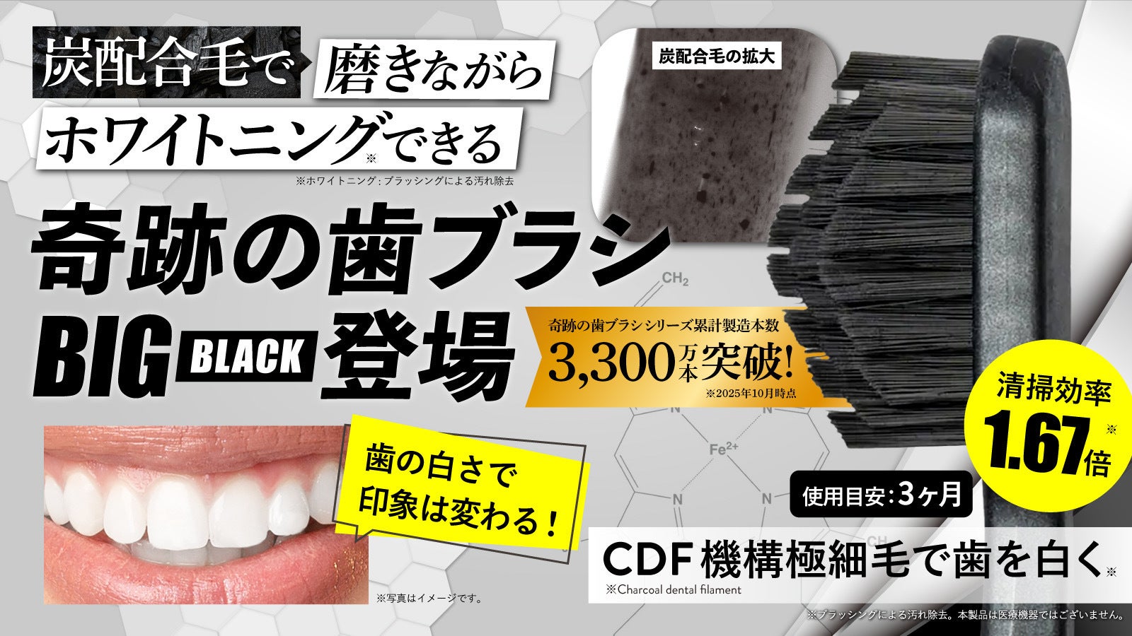 歯のホワイトニング　即日発送可能 累計3,300万本突破】「ホワイトニング※」×「奇跡の歯ブラシBIG」新登場
