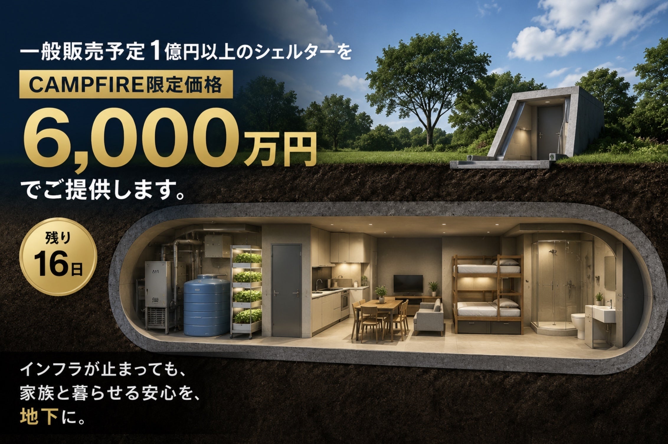 残り16日】一般販売予定1億円以上のシェルターを、CAMPFIRE限定6,000万