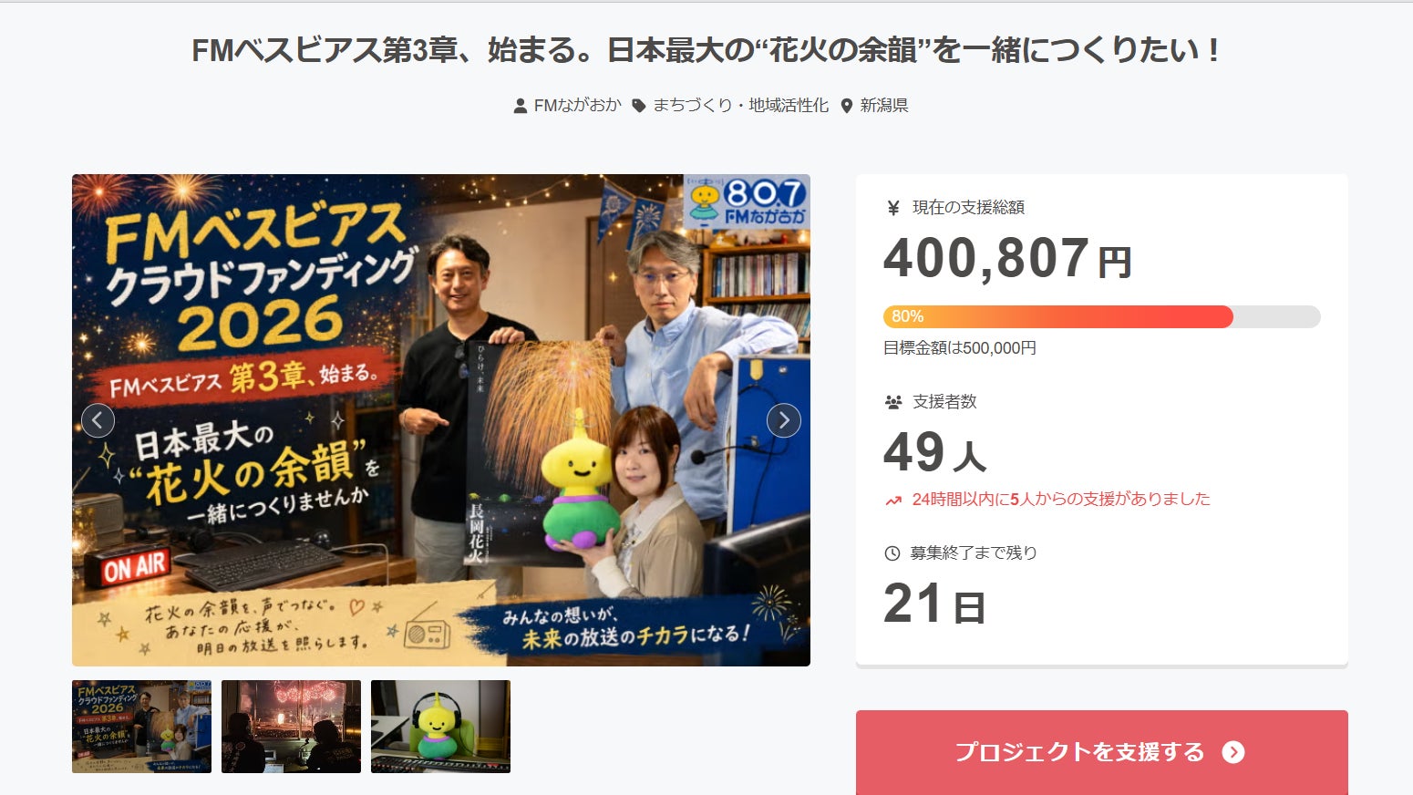 支援額40万円を突破しました！温かい応援、本当にありがとうございます