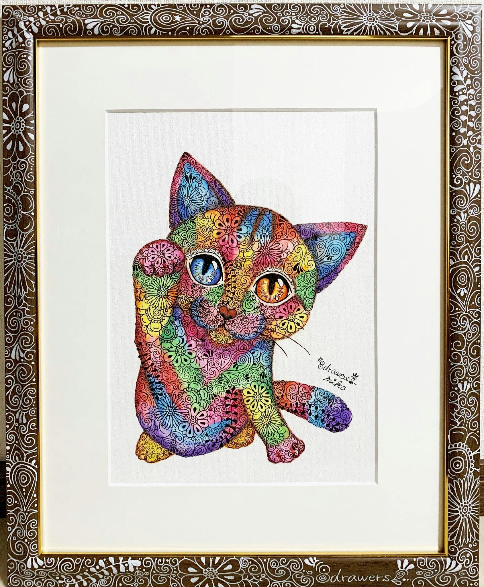 猫の絵 アクリル画 原画 イラスト ポップアート - 絵画