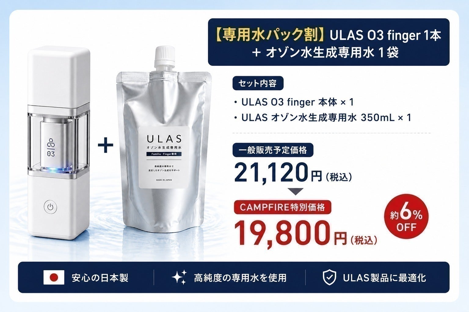 天然の恵み。オゾン水を全ての人へ。ULAS O3 fingerで新しい衛生習慣