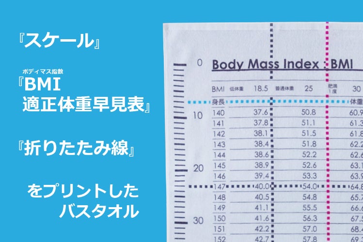 『スケール＋BMI適正体重早見表＋折りたたみ線』をプリントしたバスタオル - CAMPFIRE (キャンプファイヤー)