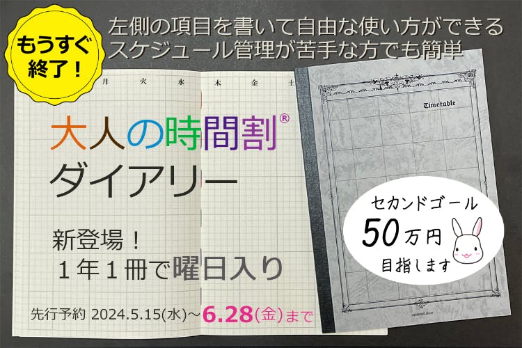 左側の項目を書いて自由に使える「大人の時間割」1年1冊タイプを製品化したい