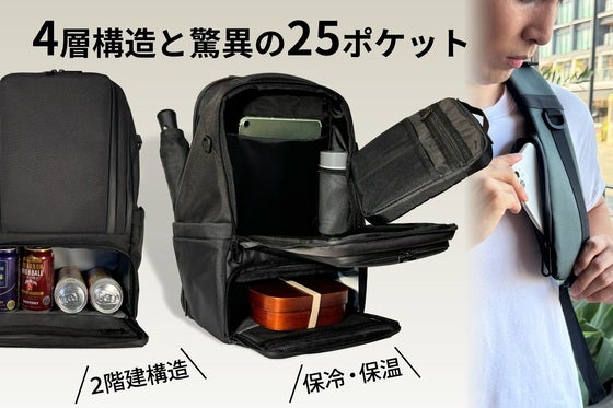 4層収納に25のポケット!保冷保温スペース付き!2階建て構造の高機能バックパック