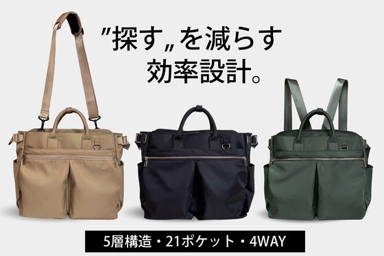 もうバッグで悩まない。5層構造21ポケット×自由自在4WAYの多機能バッグ