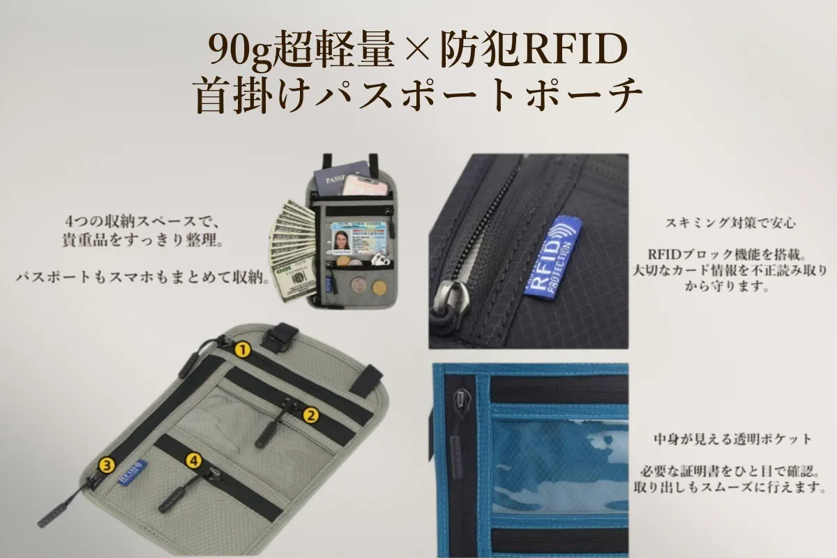 海外旅行の不安をゼロへ。90g超軽量×防犯RFID首掛けパスポートポーチ