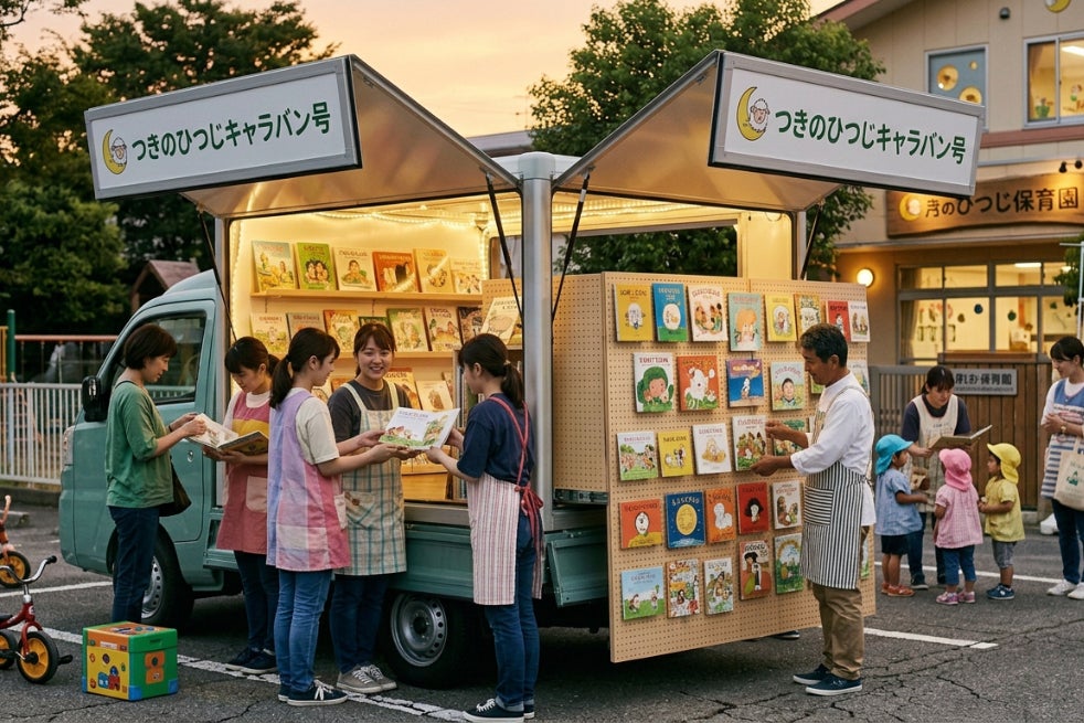 未来の翼を育てる絵本を届ける「つきのひつじキャラバン」号で、本の