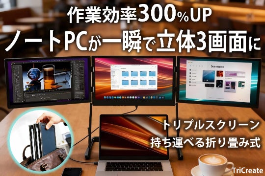 ノートPCを瞬時に3画面へ 折りたたみ式トリプルディスプレイ TriCreate
