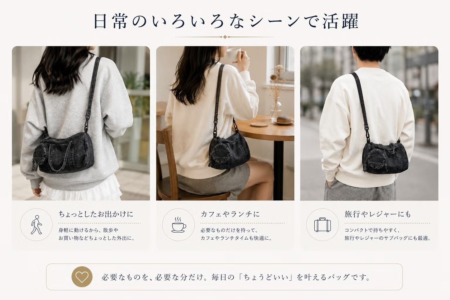 必要なものだけ、スマートに持ち歩く。 分離ポーチ付きデニムミニ