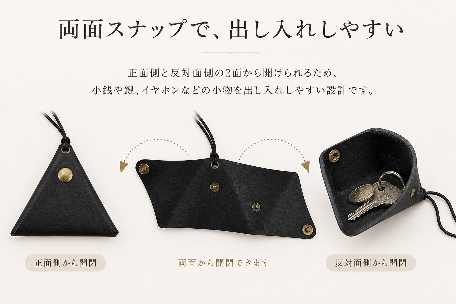 小銭も小物も、首掛けでも。牛革で仕立てた三角ミニケース - CAMPFIRE