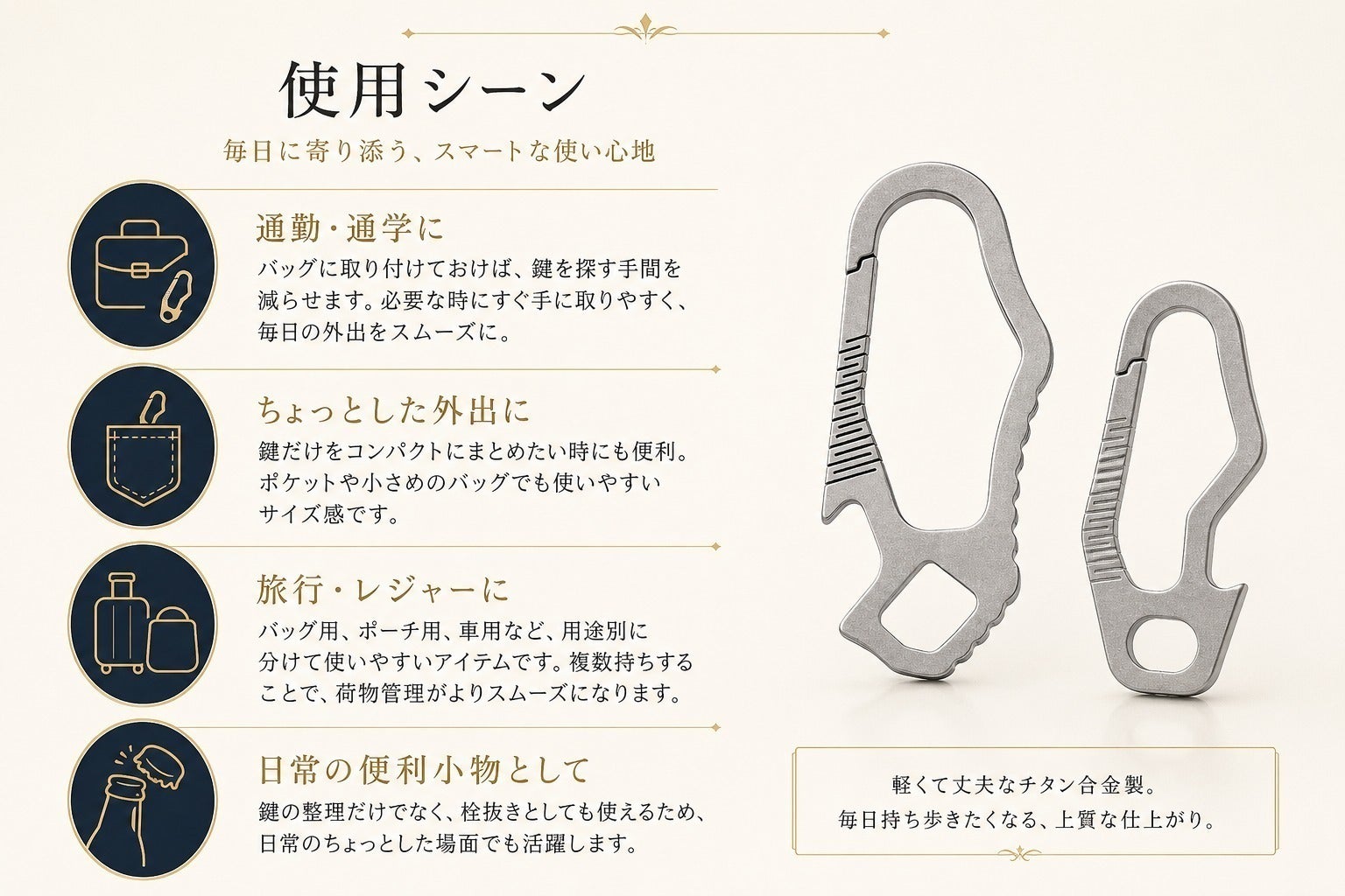 軽くて丈夫。鍵も小物もスマートに携帯できるチタン合金EDCキーリング