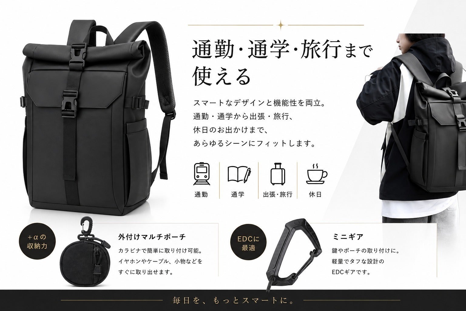 黒リュックを、自分仕様に。選べるEDC拡張ロールトップリュック 
