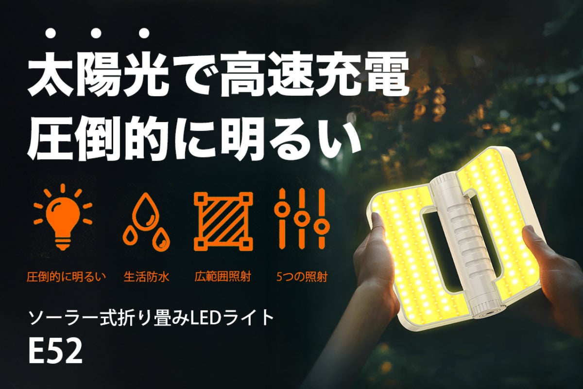 160m範囲照射&太陽光充電】ソーラー式折り畳みLEDライト｜E52