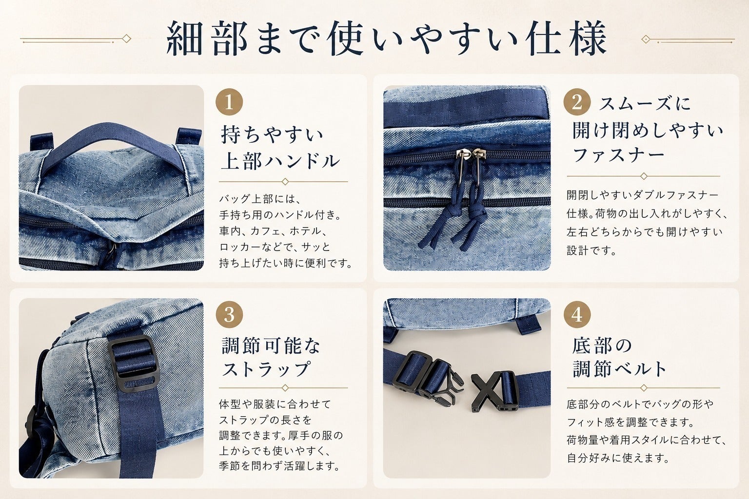 デニムなのに、しっかり入る。街歩き・旅行・フェスに映える多収納