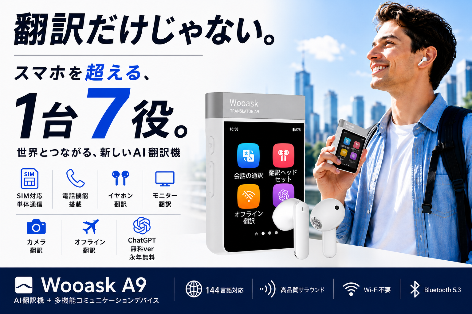 新品】翻訳機 音声翻訳機 ウーアスク SIM不要 写真翻訳 オフライン＋