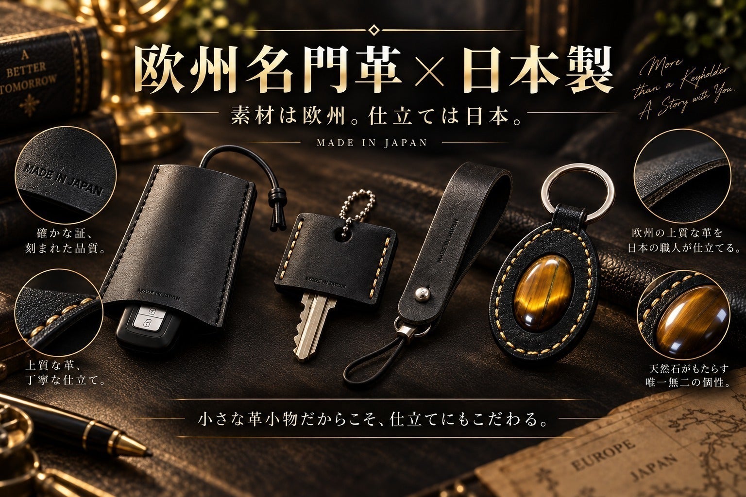毎日触れる鍵だから上質に。欧州名門革×日本製の黒革4点セット