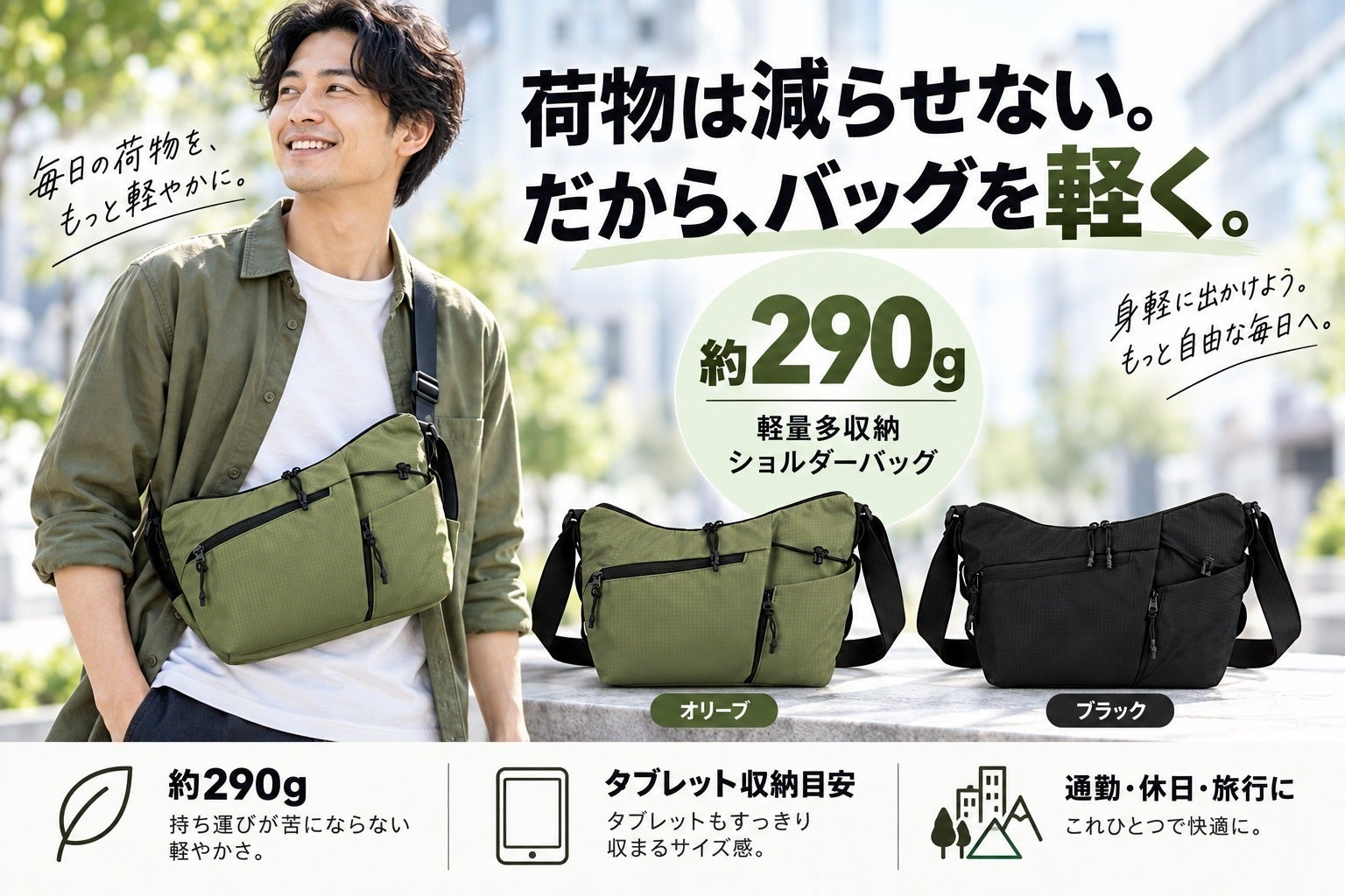 約290g軽量×多収納！タブレットもボトルも整理できるショルダーバッグ
