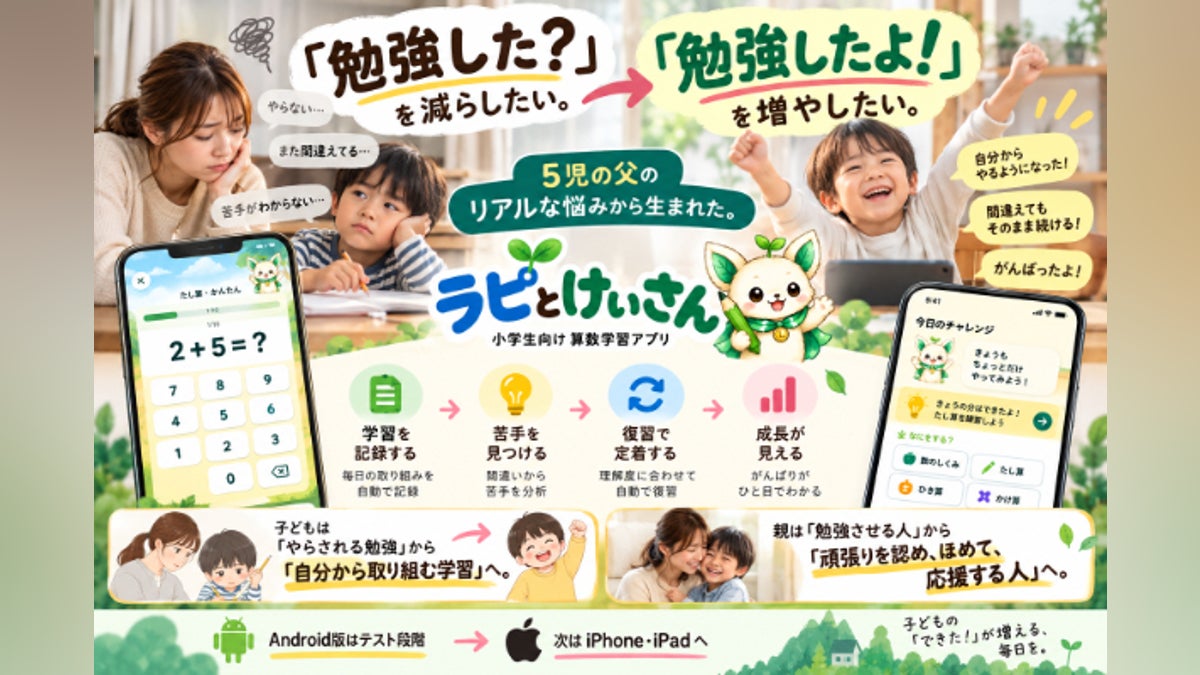 「勉強した?」を減らしたい。5児の父がつくる、子どもの苦手を見逃さない算数アプリ