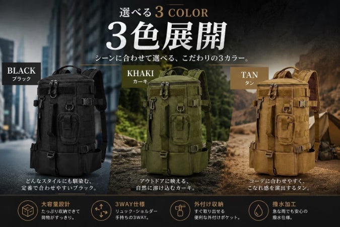 外付け収納ですぐ取り出せる。大容量3WAYバックパック - CAMPFIRE