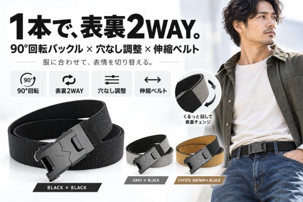 1本で2つの表情。90°回転バックル×穴なし無段階調整の伸びる両面ベルト