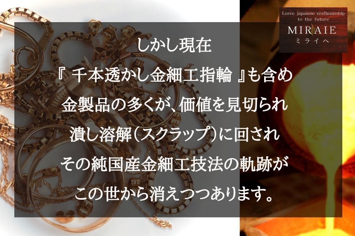 た*ち様 昭和レトロ唯一無二の存在感ある 18金千本透かし金細工 三爪留め大振り 日本の伝統技法『千本透かし金細工』指輪を後世へ繋げたい！ミライへ