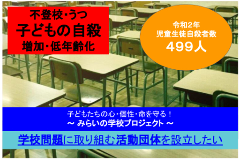 子どもの自殺 増加にstopを 不登校 自殺要因解消のため 団体を設立したい Campfire キャンプファイヤー
